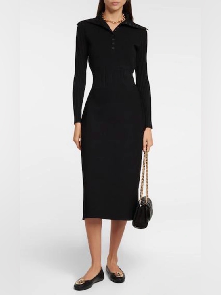 Tory Burch Black Knit Polo-Button Sweater Dress ~ M